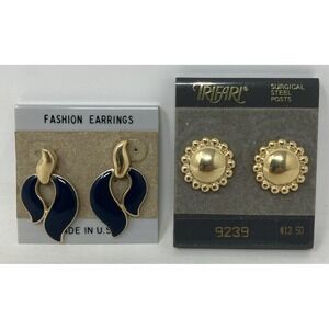 Vintage Trifari Lot of 2  Pierced Earrings Blue Enamel & Gold Tone on Card